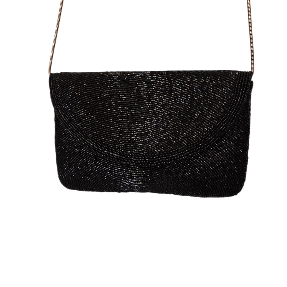 Elegant Black Beaded Women's Small  Shoulder Bag Vintage - Picture 5 of 9